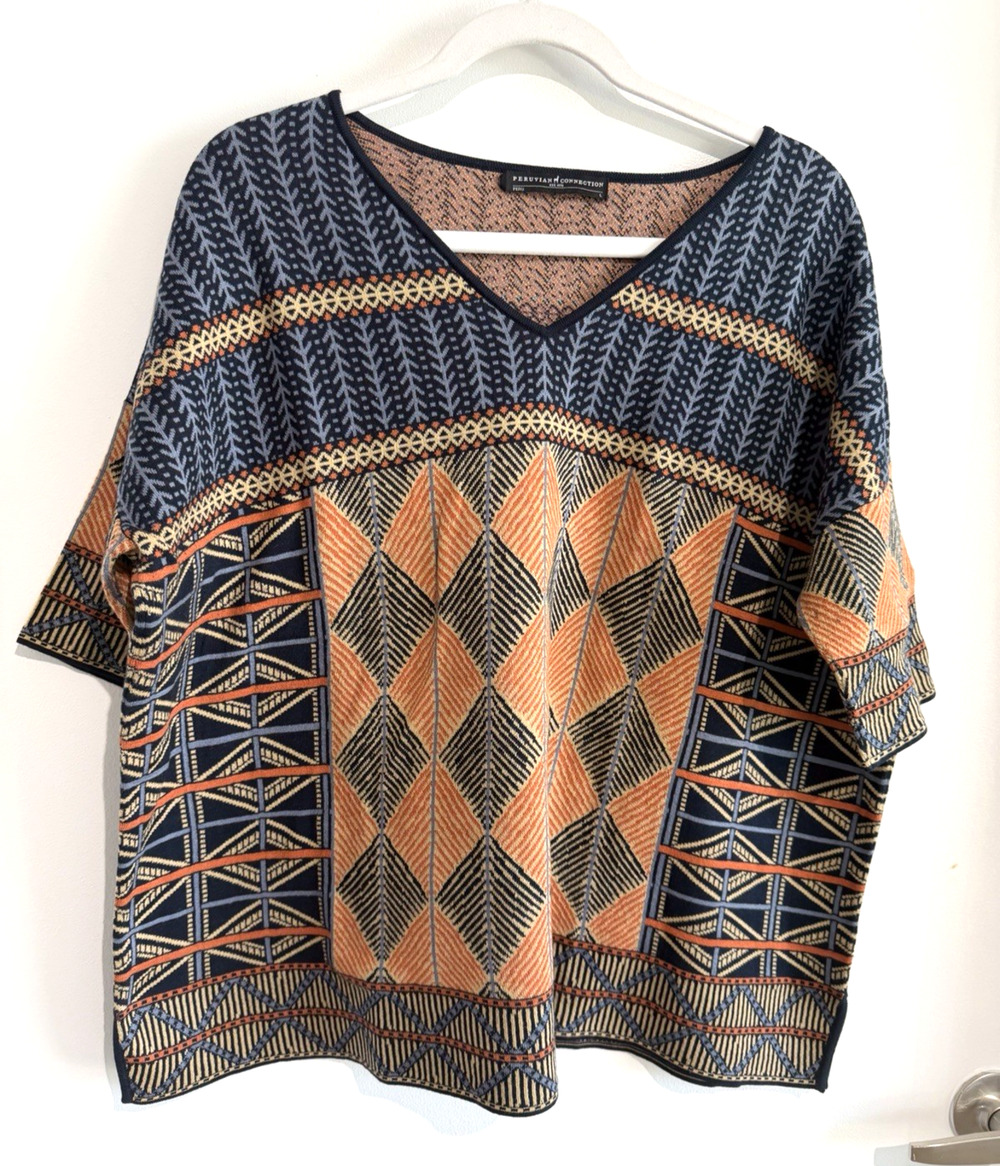 Peruvian Connection Pullover Pima Cotton Knit V-Neck Boxy Knit thick top Size L